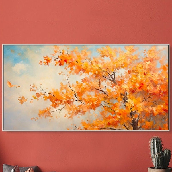 Pintura al óleo de árbol de arce enmarcada en 3D sobre lienzo Naturaleza dorada Árbol de otoño Paisaje Arte de la pared Textura grande Arte de la pared Arte del bosque personalizado Decoración de la habitación