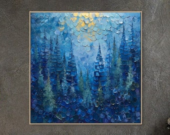 3D Original Blue Forest Oil Painting on Canvas Framed Abstract Textured Wall Art Nature Landscape Wall Art Living Room Decor Custom Painting