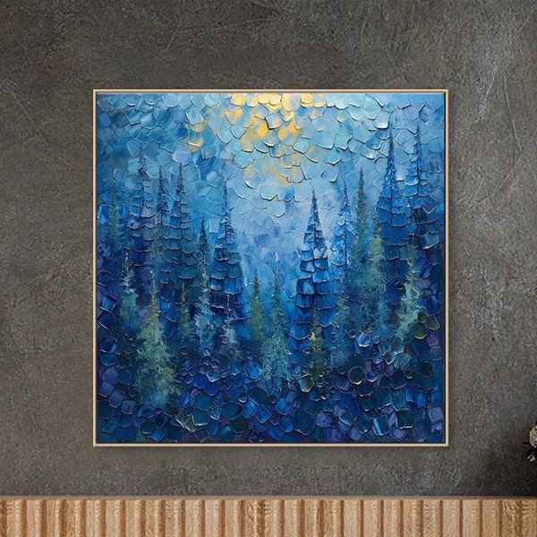 3D Original Blue Forest Oil Painting on Canvas Framed Abstract Textured Wall Art Nature Landscape Wall Art Living Room Decor Custom Painting