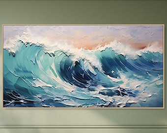 Cadre 3D Vague de l'océan Peinture à l'huile sur toile Nature abstraite Bleu vague de la mer Paysage Art mural texturé Grand Art mural original Décoration de salon