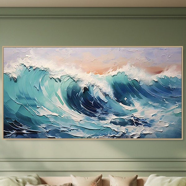 Cadre 3D Vague de l'océan Peinture à l'huile sur toile Nature abstraite Bleu vague de la mer Paysage Art mural texturé Grand Art mural original Décoration de salon