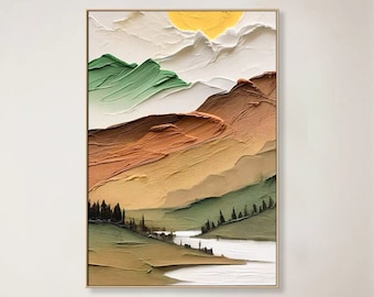 キャンバスに描かれた油絵の風景画 オリジナル 緑の風景 川 テクスチャ ウォールアート カスタム 山 空 雲 アート カラフル キャンバス アート 部屋 装飾