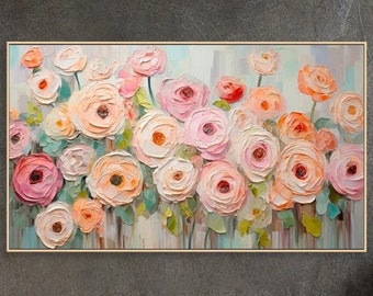 Original Lebendige Blumen Leinwand Kunst - Üppige Impasto Rosen in Pastell Malerei Auf Leinwand Elegante Strukturierte Blumen Wanddekor Wohnzimmer Wandkunst