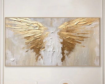 Original Golden Wings Painting On Canvas 3D Abstract Wings Textured Wall Art Master Piece Wall Decor Living Room Wall Art Boho Wall Decor