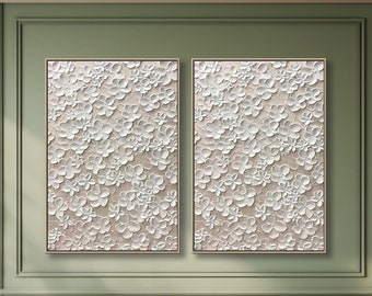 White Fine Art Flower Textured Wall Art Original 3D Abstract Calming Painting Soft Color Painting A set of 2 Framed Wall Art Painting Party