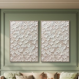 White Fine Art Flower Textured Wall Art Original 3D Abstract Calming Painting Soft Color Painting A set of 2 Framed Wall Art Painting Party