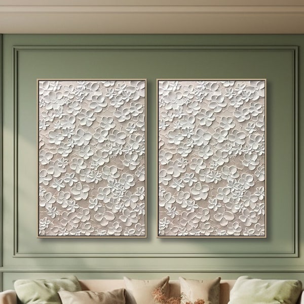 White Fine Art Flower Textured Wall Art Original 3D Abstract Calming Painting Soft Color Painting A set of 2 Framed Wall Art Painting Party