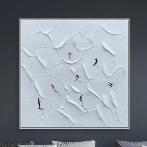 Original 3D Skiing Sport Art Panting on Canvas Textured Wall Art Gift For Skiers White Snowy Sports Painting Skiers Painting Home Decor