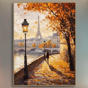 Paris Street Autumn Impasto Oil Painting On Eiffel Tower Fall Textured Wall Art Fall Landscape Palette Knife Cityscape Art Living Room Decor