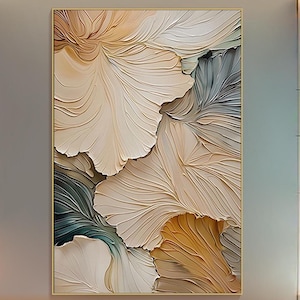 May include: Abstract art print featuring a large, stylized flower with overlapping petals in shades of beige, brown, and green. The print has a textured, 3D effect.