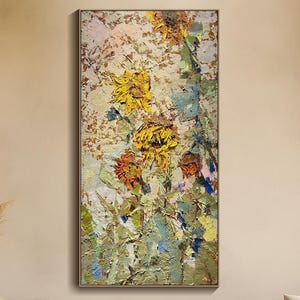 Textured Sunflower Oil Painting Impasto Floral Wall Art Original Rustic Country Farmhouse Painting Yellow Flower Botanical Art Bedroom Decor
