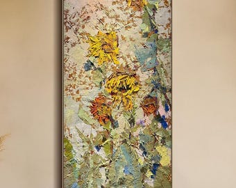 Textured Sunflower Oil Painting Impasto Floral Wall Art Original Rustic Country Farmhouse Painting Yellow Flower Botanical Art Bedroom Decor