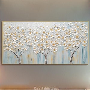 Abstract Blue and White 3D Textured Tree Wall Art Luxurious Modern Elegant Tree Oil Painting On Canvas Nature Art Large Living Room Decor