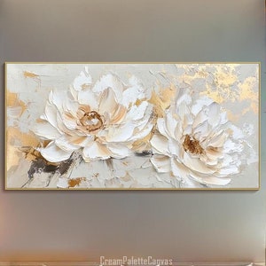 3D Neutral Floral Textured Look Art Gold Abstract Bloom Painting Elegant Flower Canvas Wall Art Large Contemporary Modern Living Room Decor