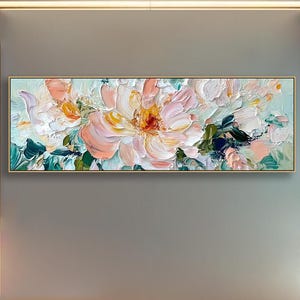 Horizontal 3D Textured Floral Wall Art Abstract Colorful Flower Oil Painting On Canvas Impasto Botanical Art Large Romantic Over Sofa Decor
