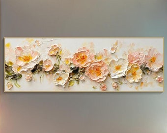 3D Pastel Floral Textured Wall Art Romantic Rose Flower Oil Painting Botanical Nature-Inspired Large Wall Art Contemporary Living Room Decor