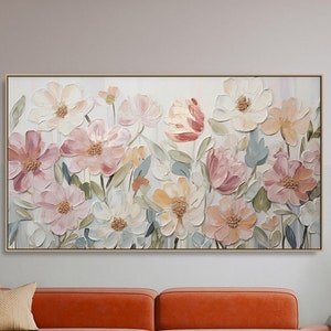 Original Abstract Flower Painting On Canvas 3D Textured Wall Art Wall Decor Living Room Soft Color Textured Flower Wall Art Spring Decor