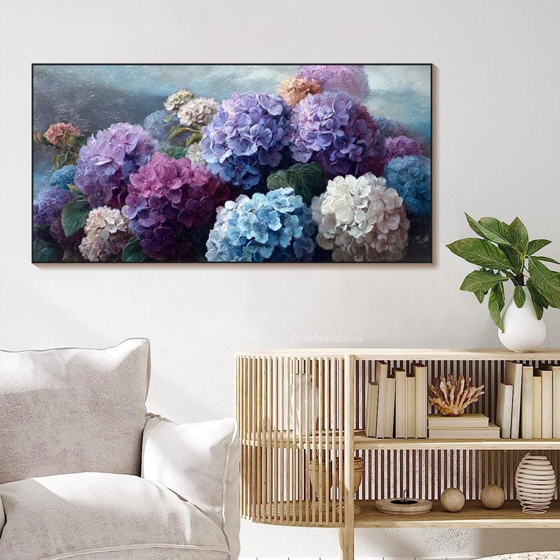 Hydrangea Oil Painting on Canvas Textured Floral Wall Art Purple Blue ...