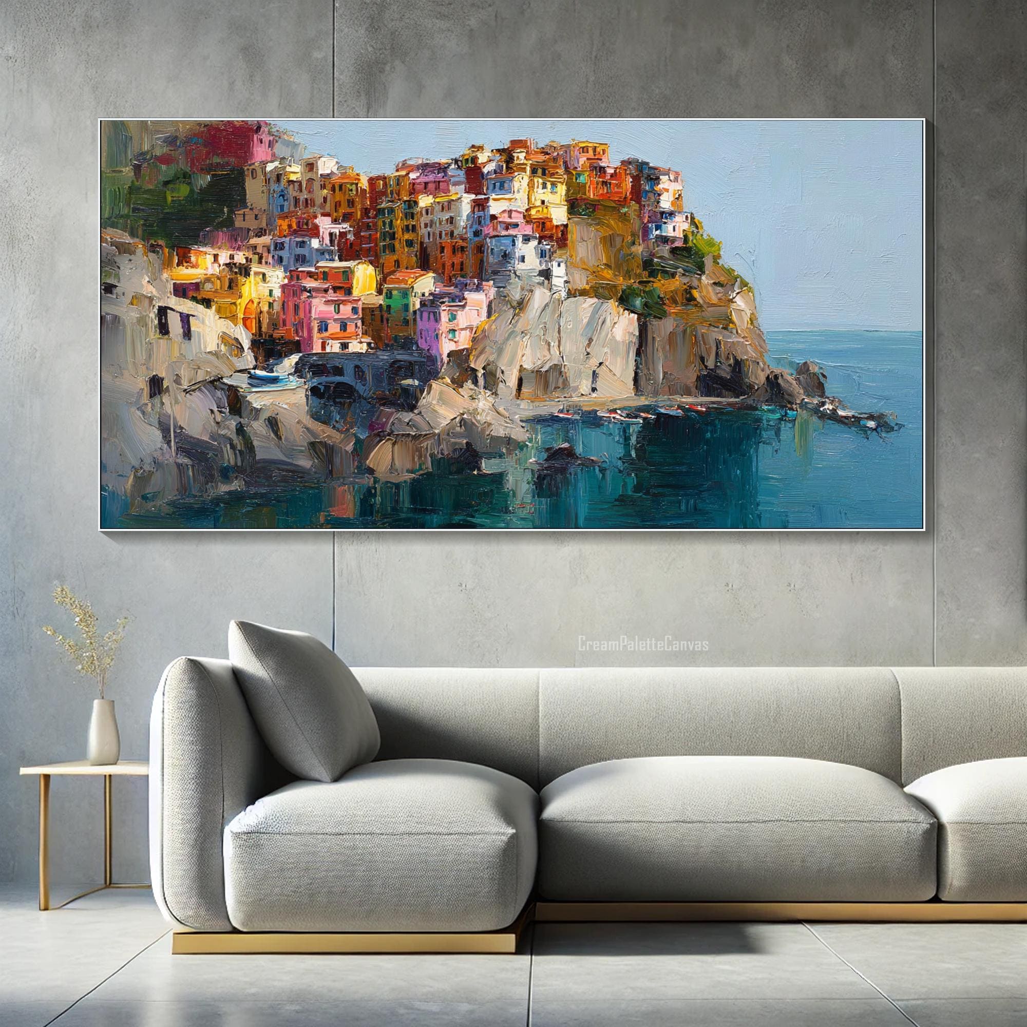 Colorful Coastal Village Painting on Canvas Cliffside Seaside Town Art ...