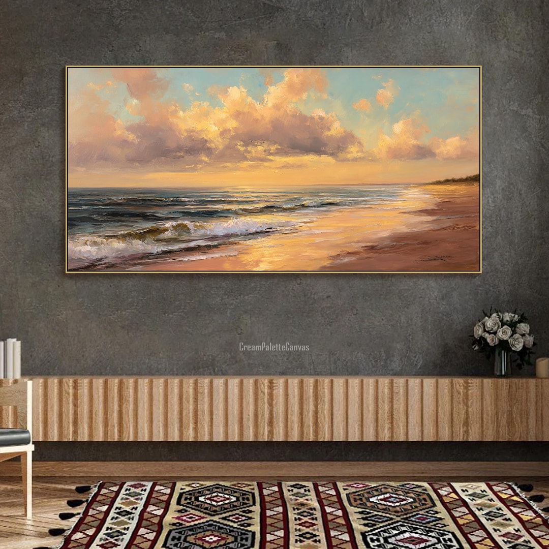 Sunset Ocean Oil Painting on Canvas Textured Golden Wall Art Large ...