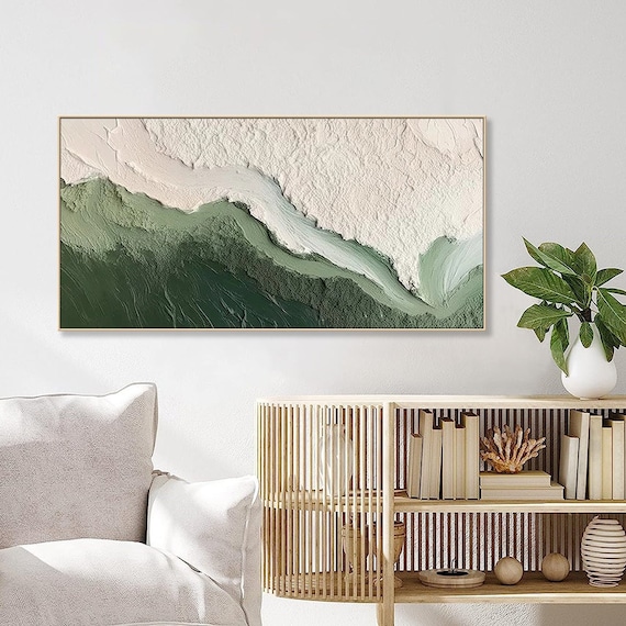3D Ocean Wave Green Texture Oil Painting Wabi-Sabi Art Abstract Art Living Room Decor Hand-painted Modern Abstract Original Canvas painting