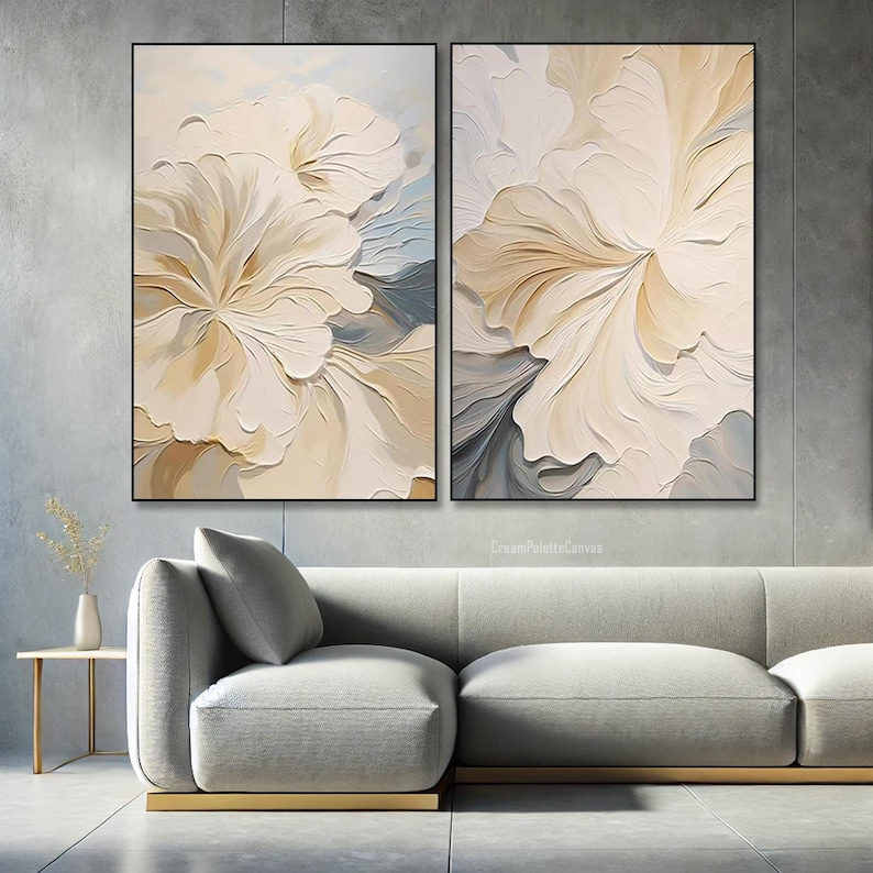 3D Textured Floral Wall Art Set White Flower Pastel Oil Painting on ...
