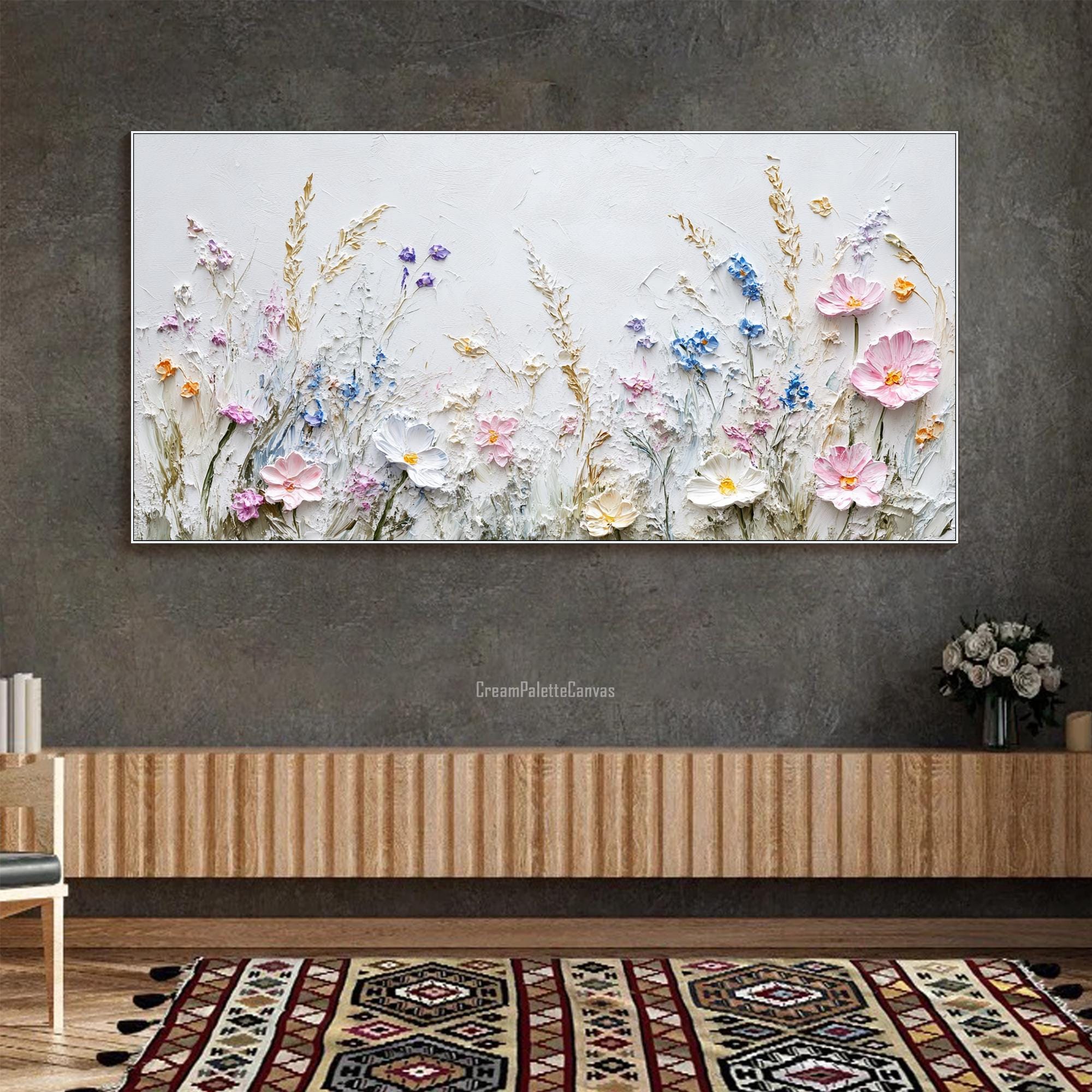 3D Textured Floral Wall Art Neutral Wildflower Painting on Canvas White ...