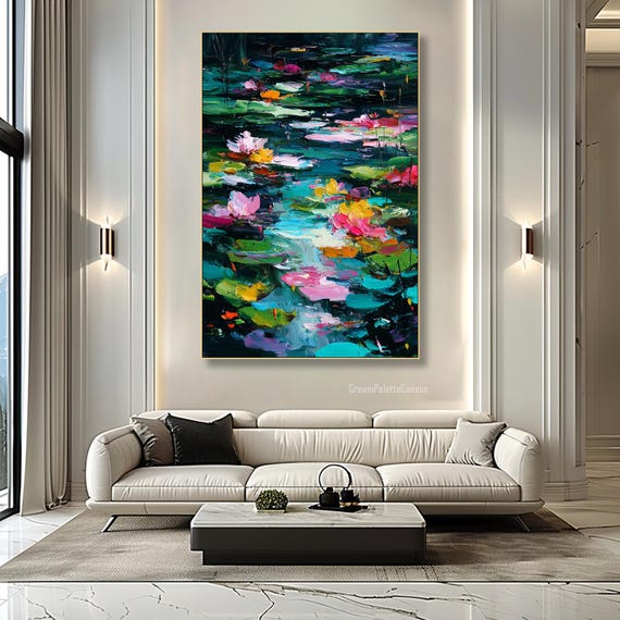Colourful Water Lily Oil Painting on Canvas Textured Floral Pond Wall Art Abstract Lotus Flower Art Thick Impasto Living room Wall Decor