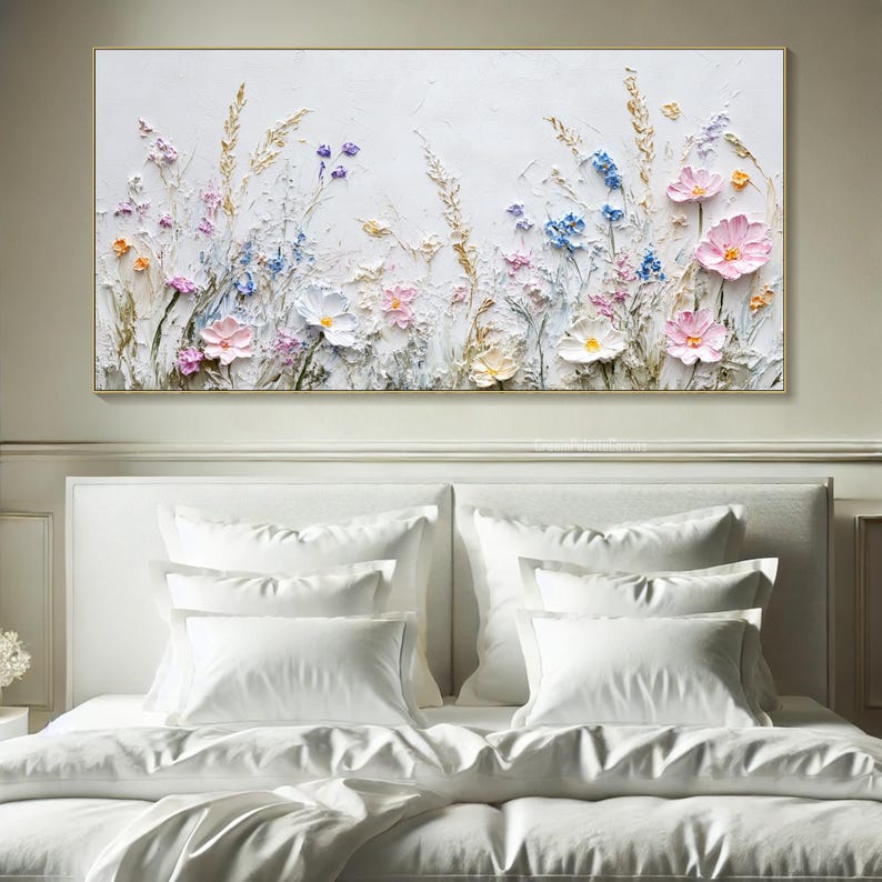 3D Textured Floral Wall Art Neutral Wildflower Painting on Canvas White ...