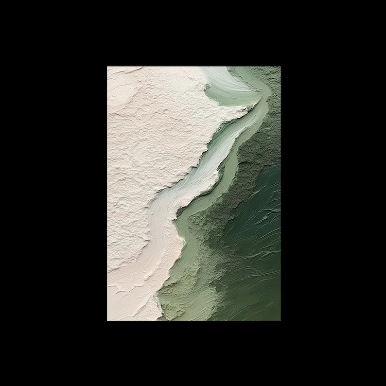 May include: Abstract painting with a white and green color scheme. The paint is textured and has a flowing, organic shape.