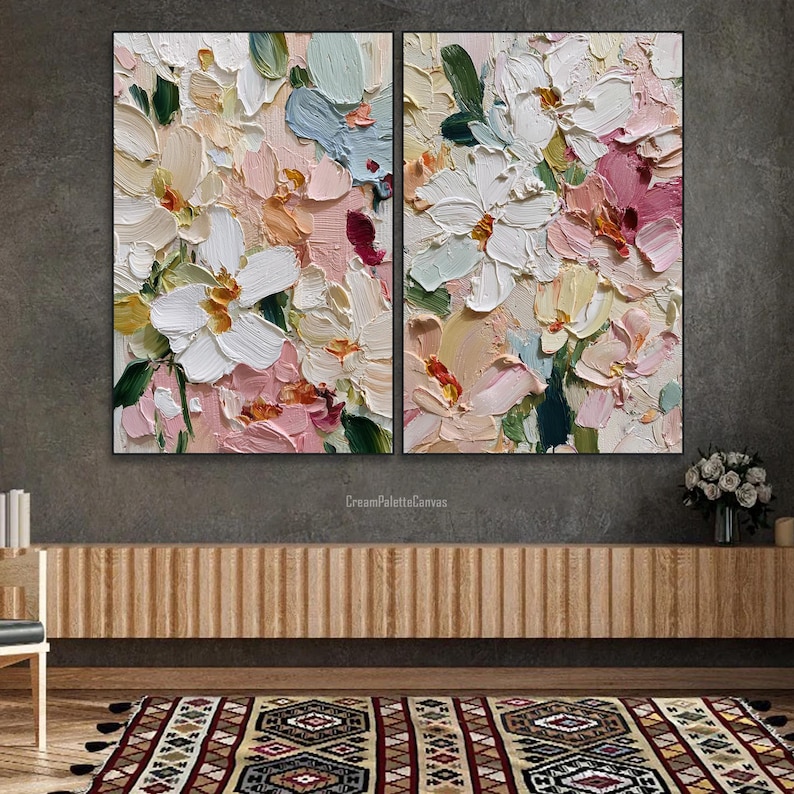 Colorful Textured Floral Oil Painting on Canvas White Pink Flower ...