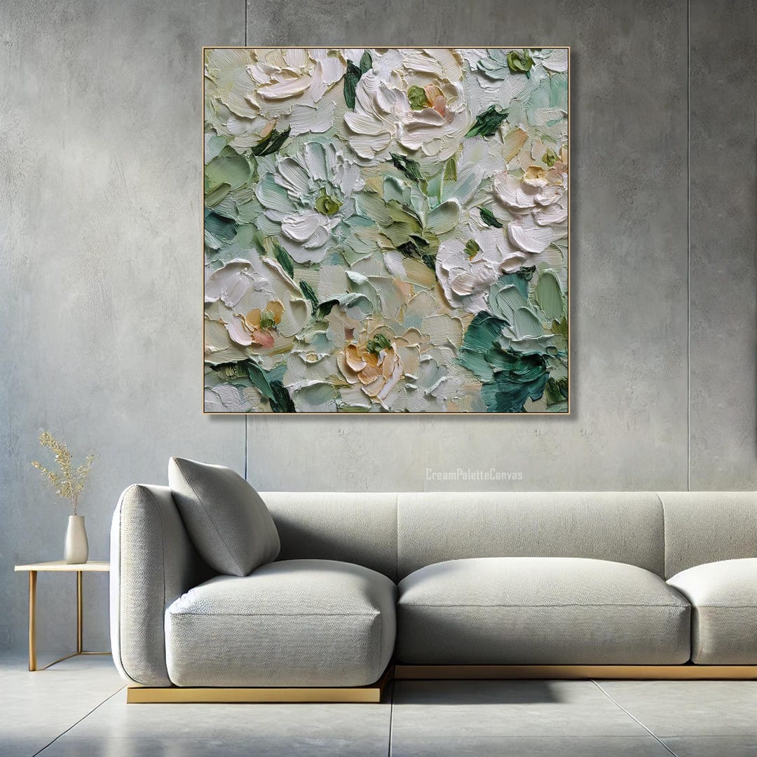 White Floral Oil Painting on Canvas Textured Flower Wall Art Green and ...