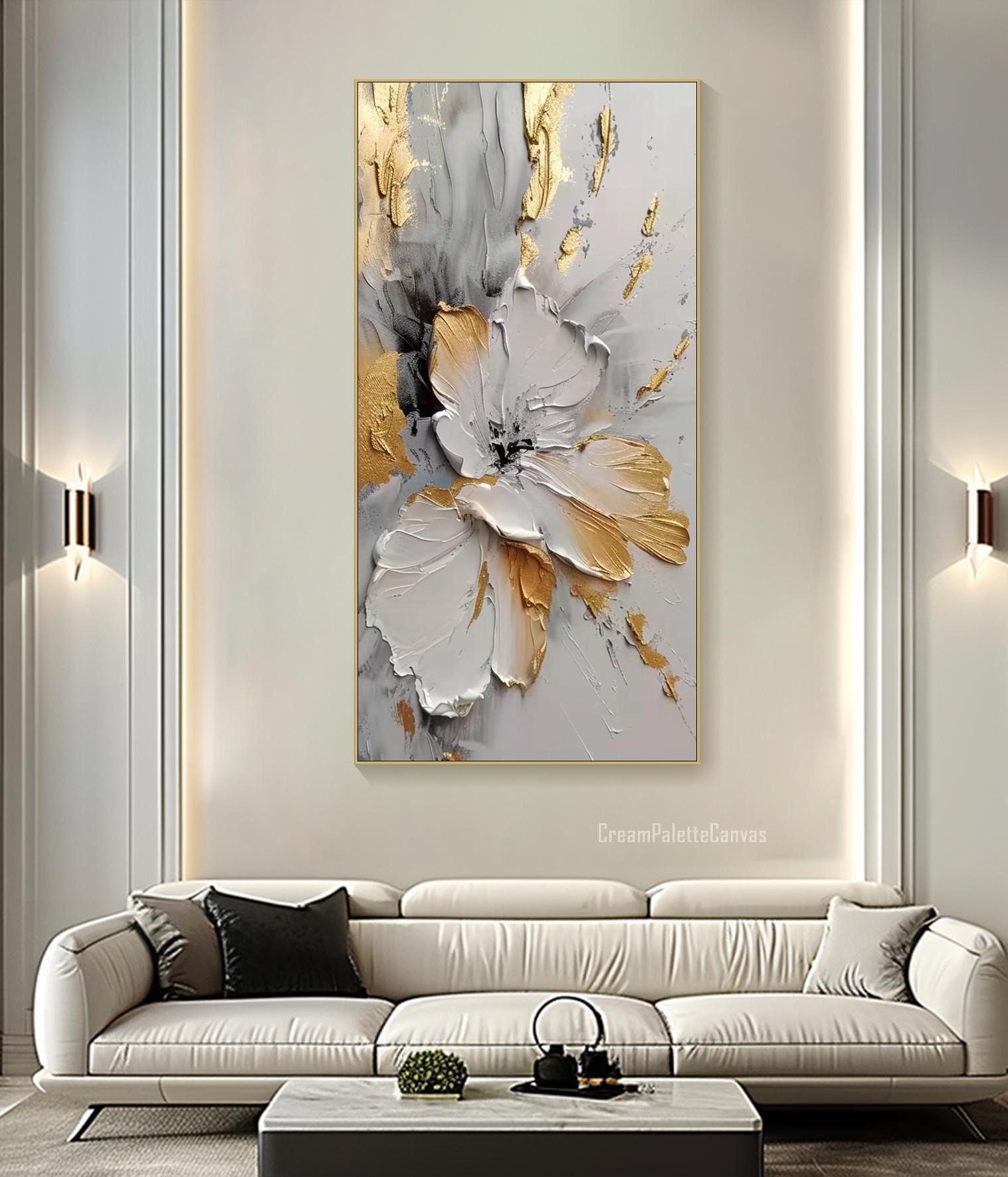 Original 3D Gold Textured Wall Art Abstract Flower Painting on Canvas ...