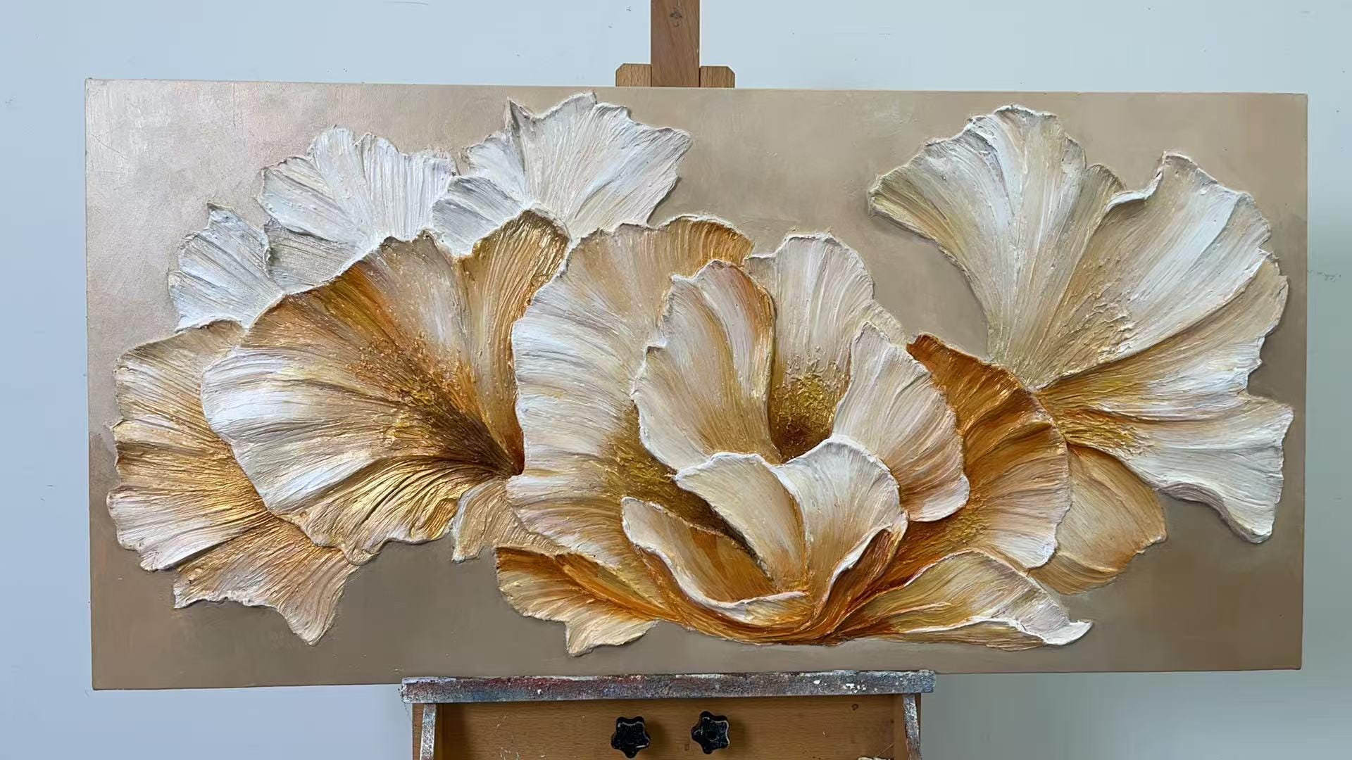 Floral Painting on Canvas 3D White Gold Flower Texture Wall Art Luxury ...