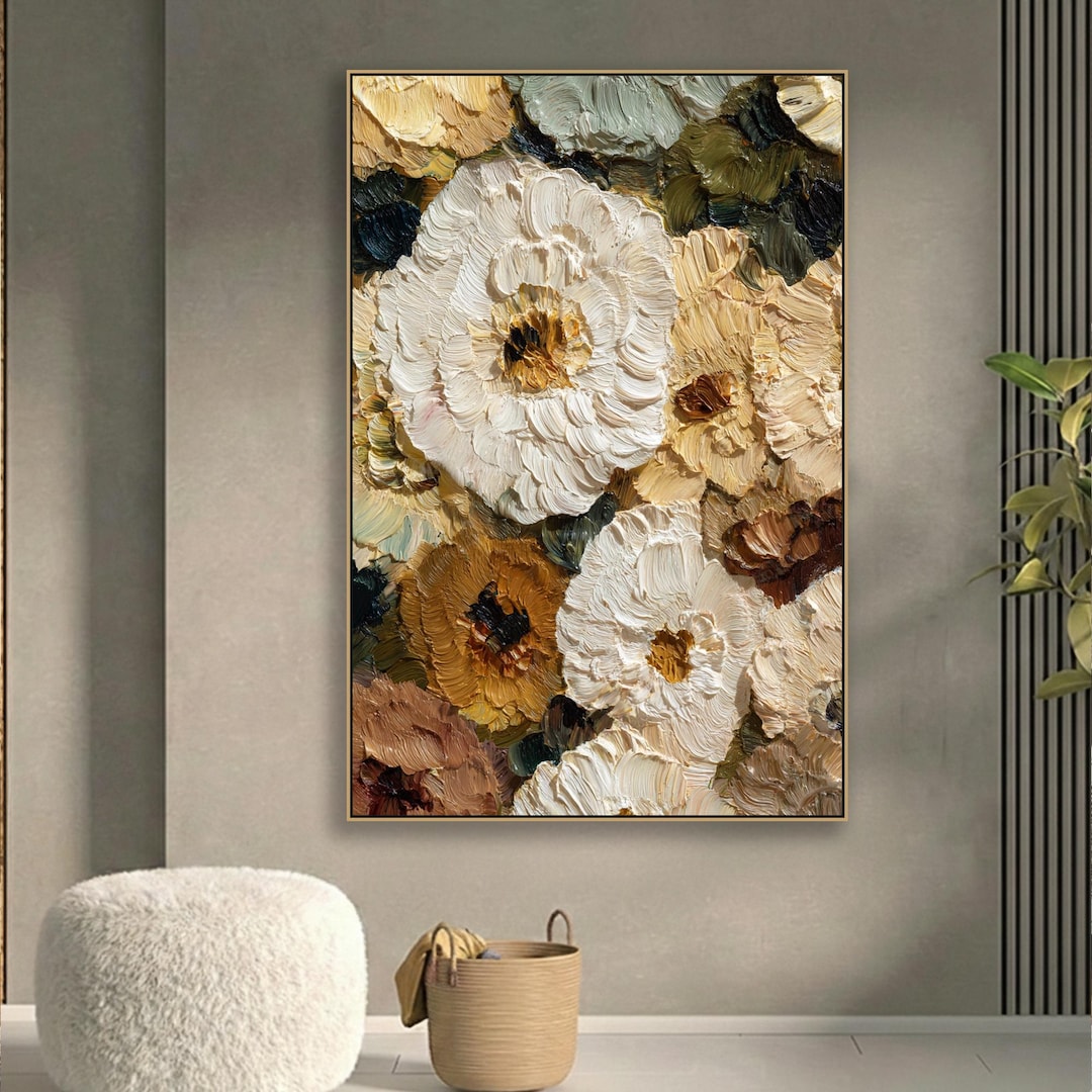 Elegant 3D Gold Flower Textured Look Art Abstract Floral Painting on ...