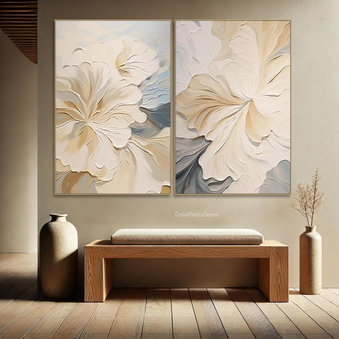 3D Textured Floral Wall Art Set White Flower Pastel Oil Painting on ...