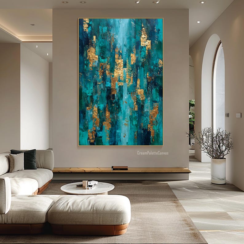 Teal Gold Foil Art Abstract Painting on Canvas Textured Wall Art Modern ...
