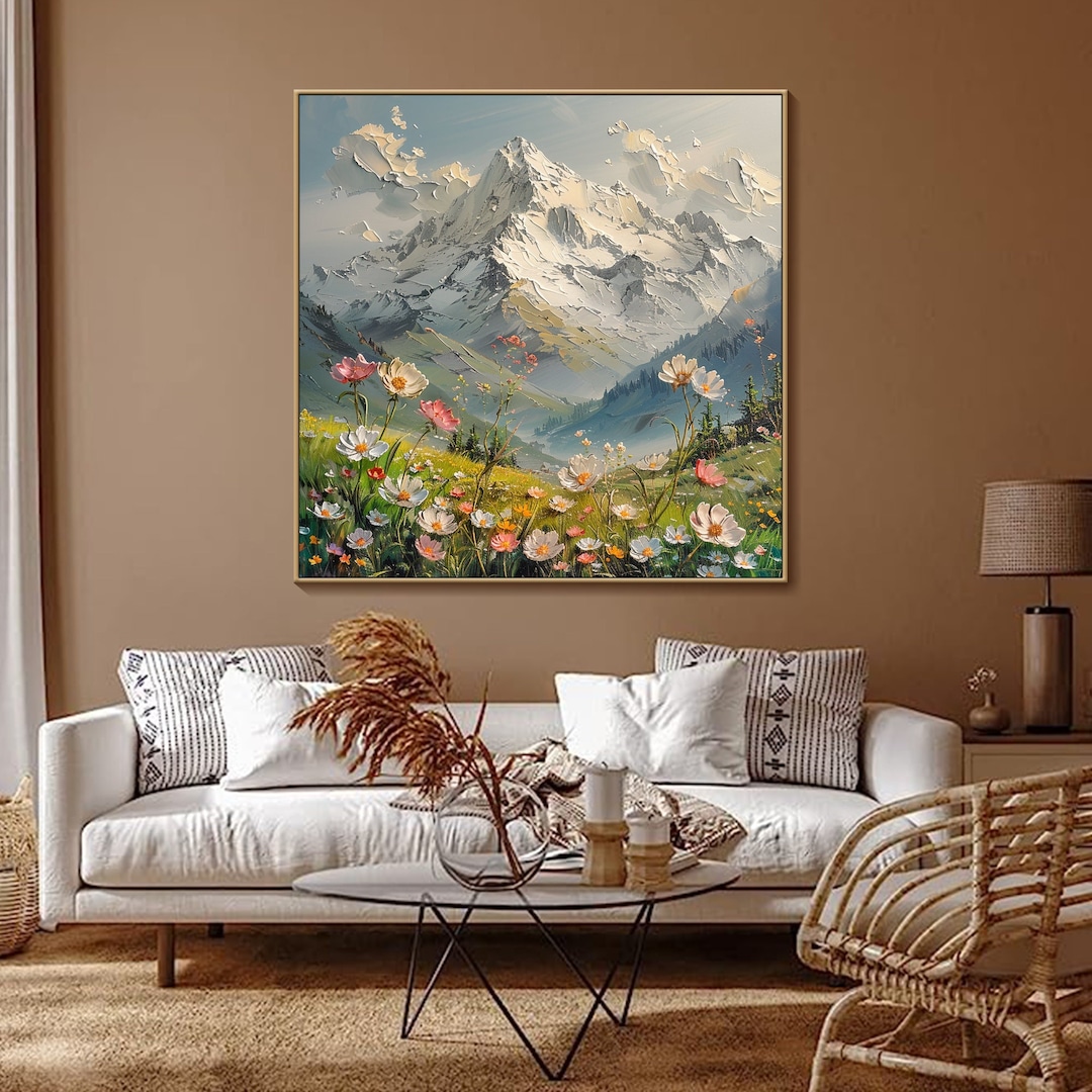 Mountain Landscape Oil Painting on Canvas Abstract Wildflowers Clouds ...
