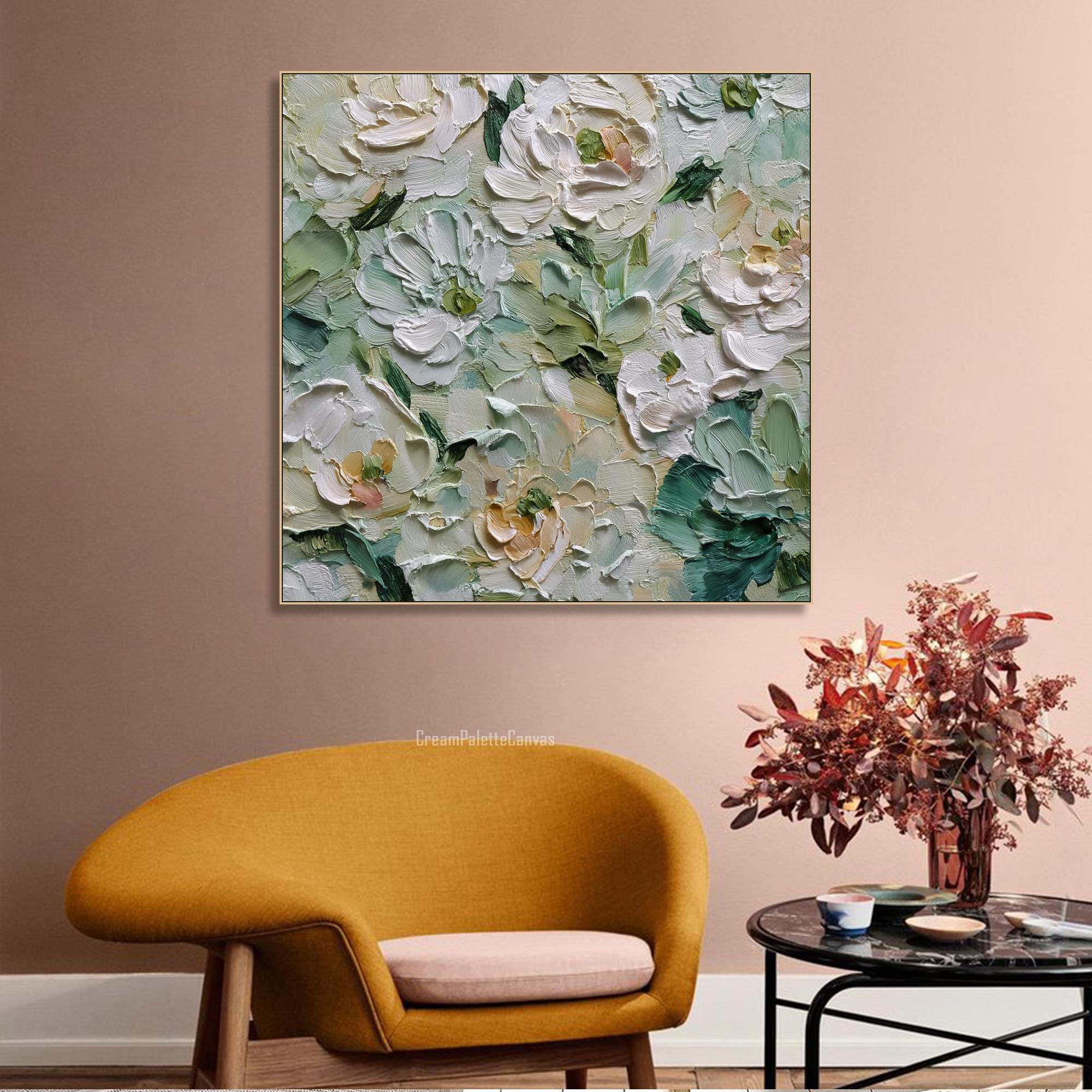 White Floral Oil Painting on Canvas Textured Flower Wall Art Green and ...