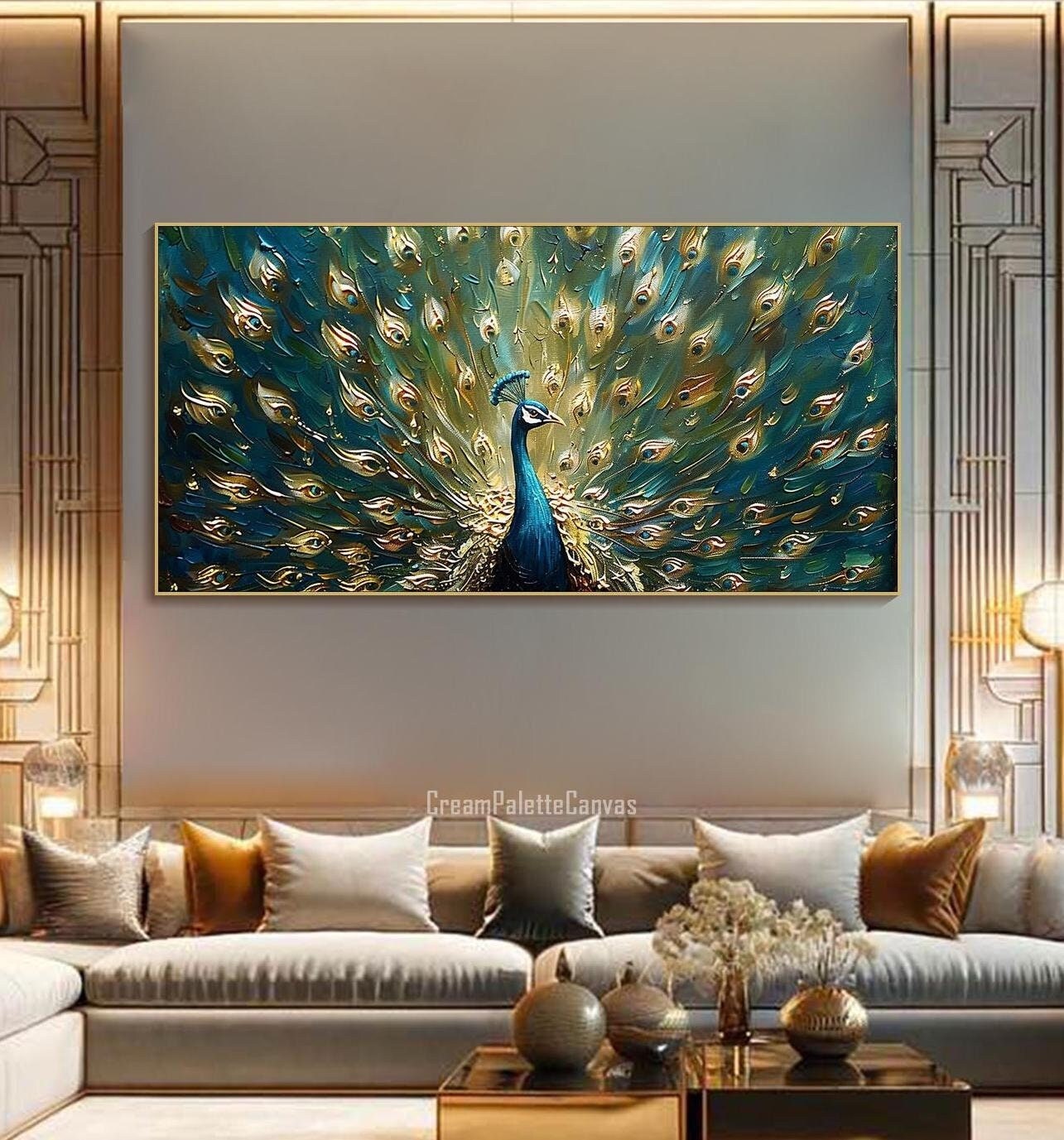 Exquisite Peacock Oil Painting Luxurious and Vibrant Feather Textured wall Art Peacock Green Detailed Hand-Painted Custom Elegant Home Decor