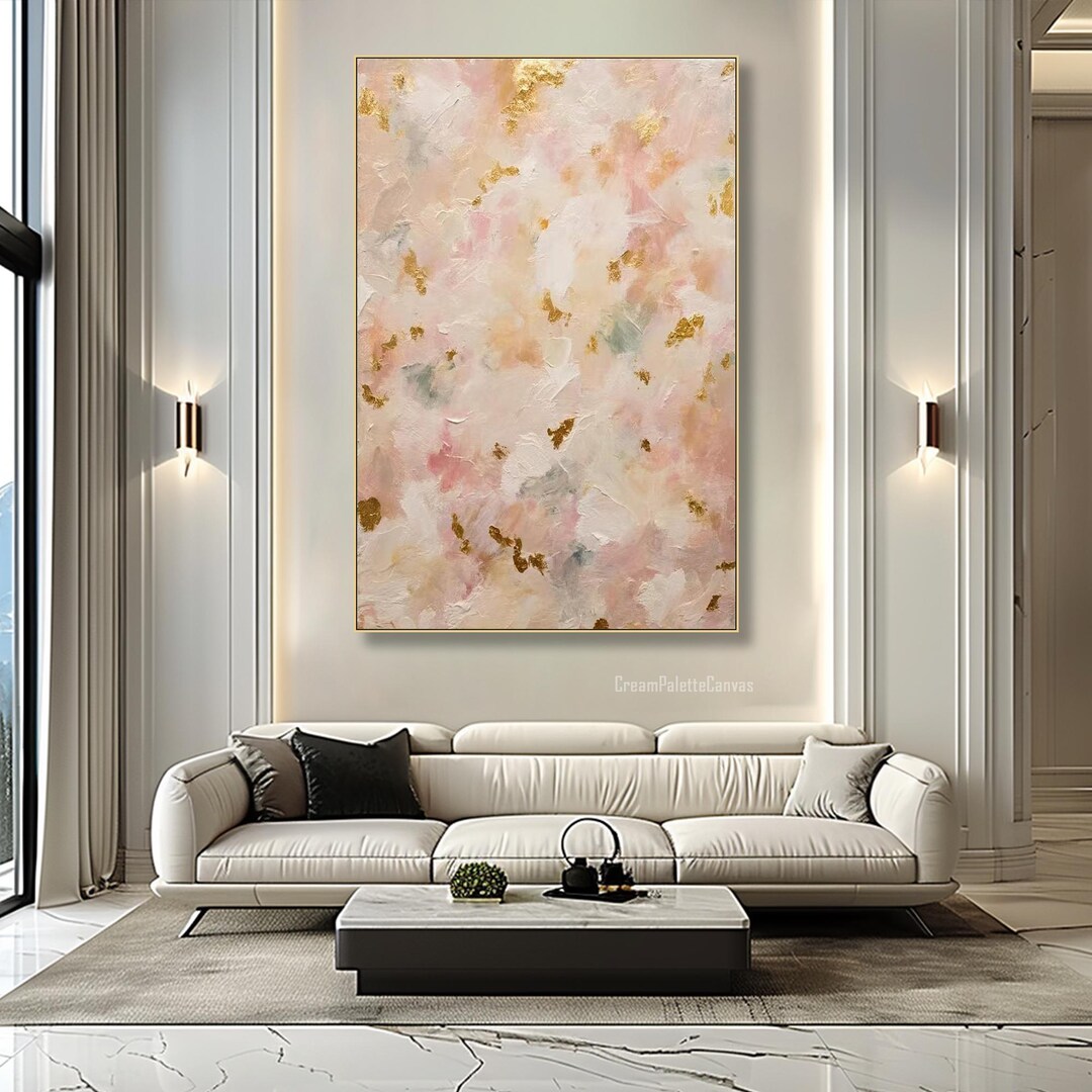 3D Blush Pink Gold Leaf Abstract Oil Painting Neutral Textured Wall Art ...