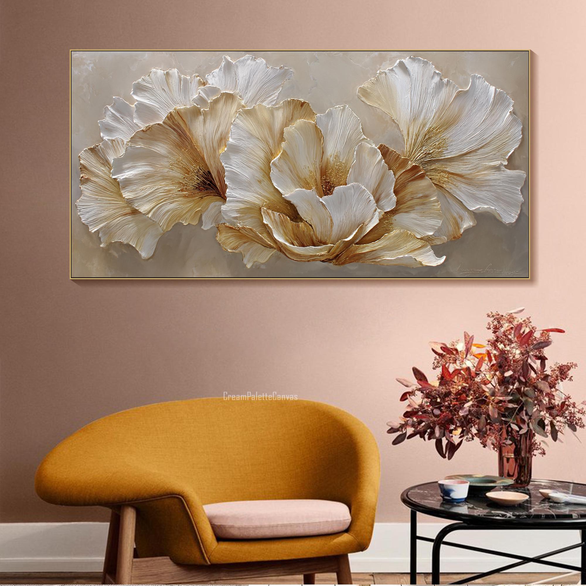 Floral Painting on Canvas 3D White Gold Flower Texture Wall Art Luxury ...