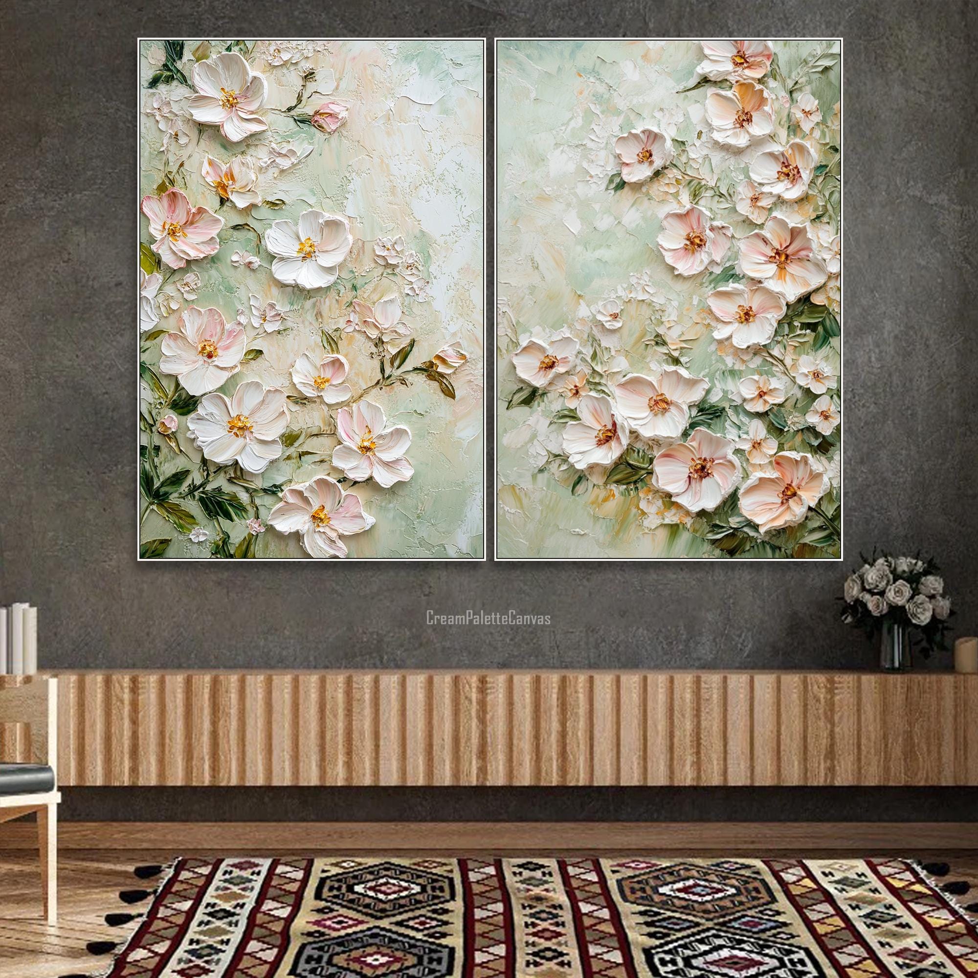 3D Textured Floral Wall Art Set White Flower Pastel Oil Painting on ...