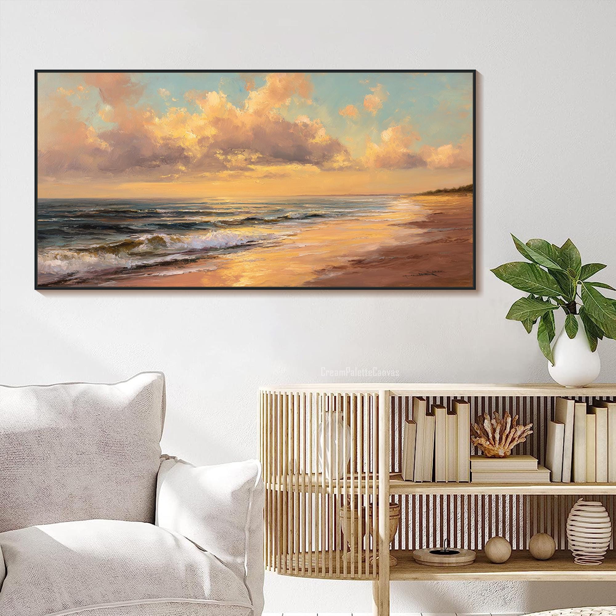 Sunset Ocean Oil Painting on Canvas Textured Golden Wall Art Large ...