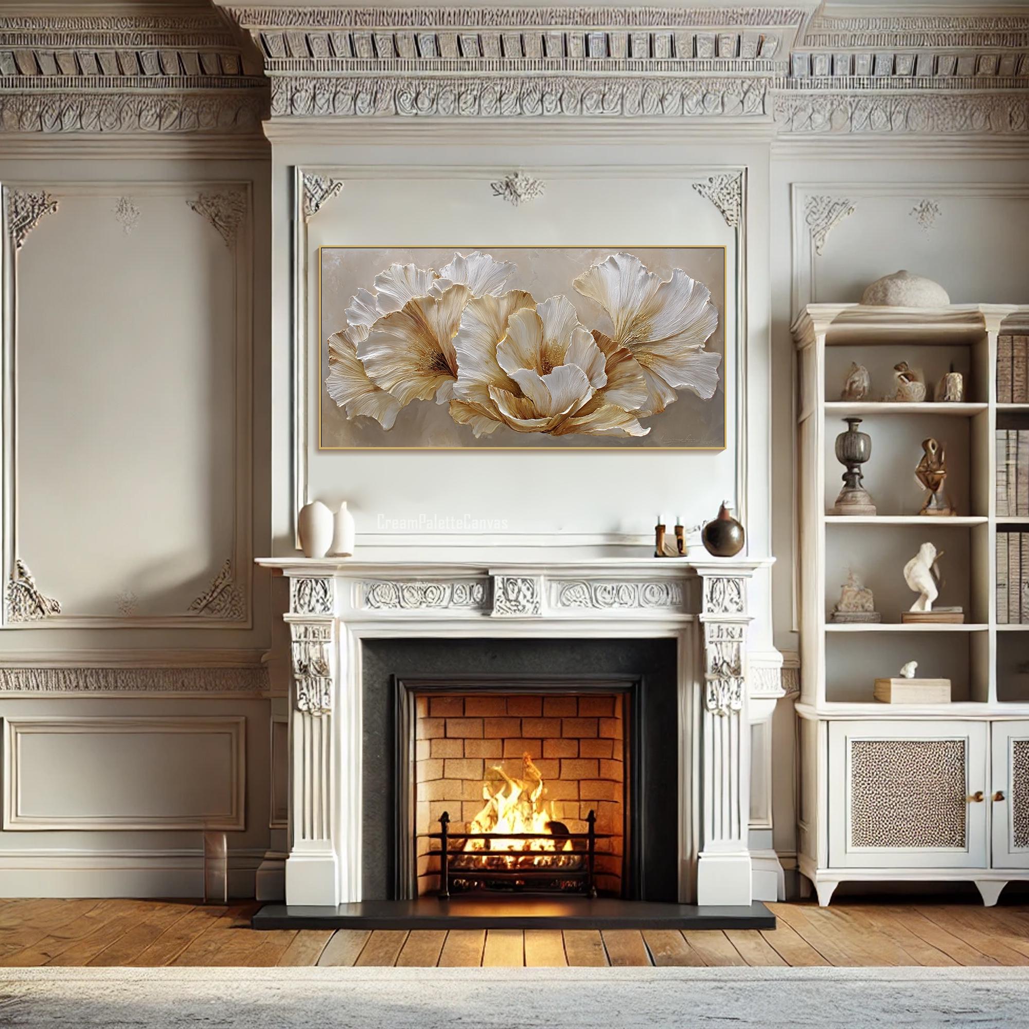 Floral Painting on Canvas 3D White Gold Flower Texture Wall Art Luxury ...