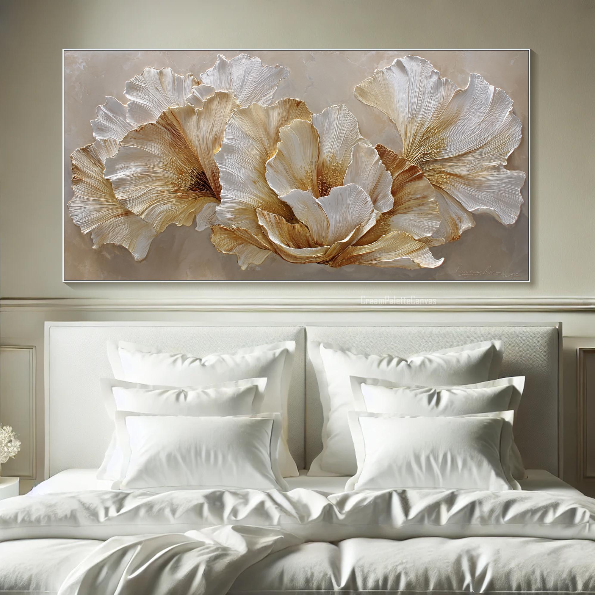 Floral Painting on Canvas 3D White Gold Flower Texture Wall Art Luxury ...