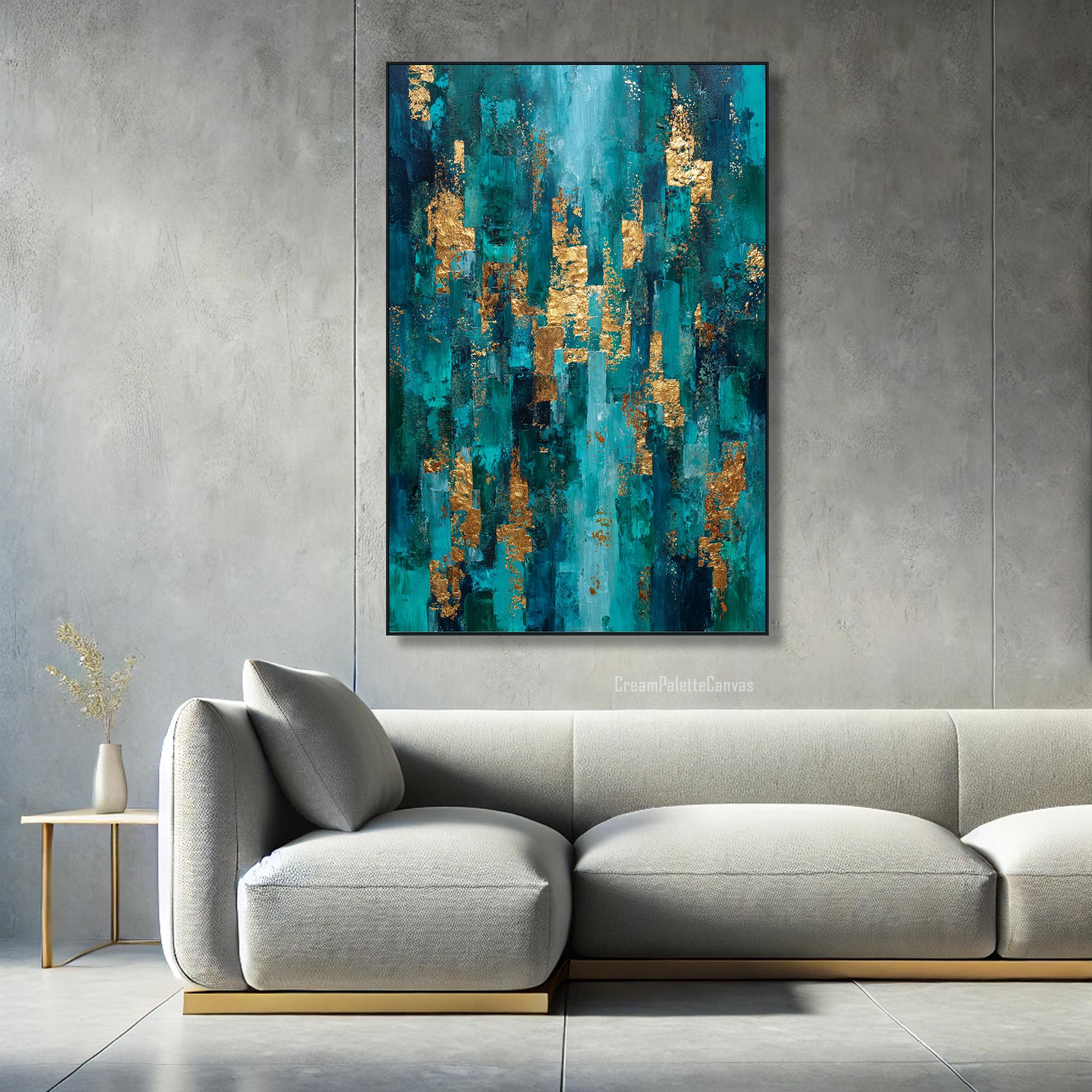 Teal Gold Foil Art Abstract Painting on Canvas Textured Wall Art Modern ...