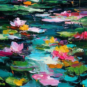 May include: Impressionistic oil painting of a pond with lily pads and water lilies. The artwork features a vibrant palette of pink, yellow, green, and blue hues, with visible brushstrokes creating texture and depth. The overall theme is nature and floral.