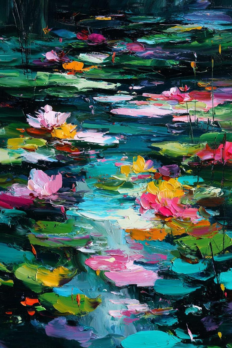 May include: Impressionistic oil painting of a pond with lily pads and water lilies. The artwork features a vibrant palette of pink, yellow, green, and blue hues, with visible brushstrokes creating texture and depth. The overall theme is nature and floral.