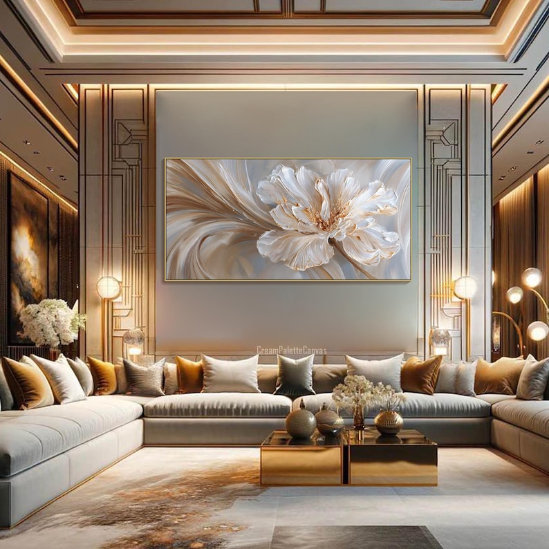 Textured Wall Art 3D Floral Art Painting on Canvas Neutral Gold ...